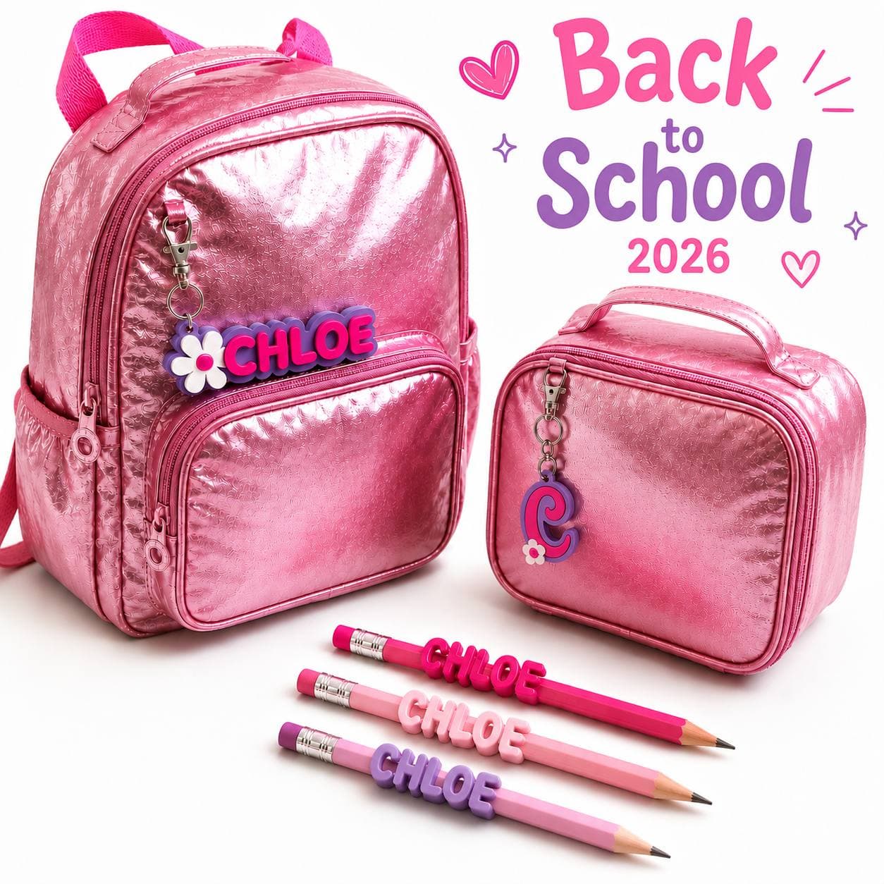 A personalized back-to-school set: backpack, lunchbox, and name pencils