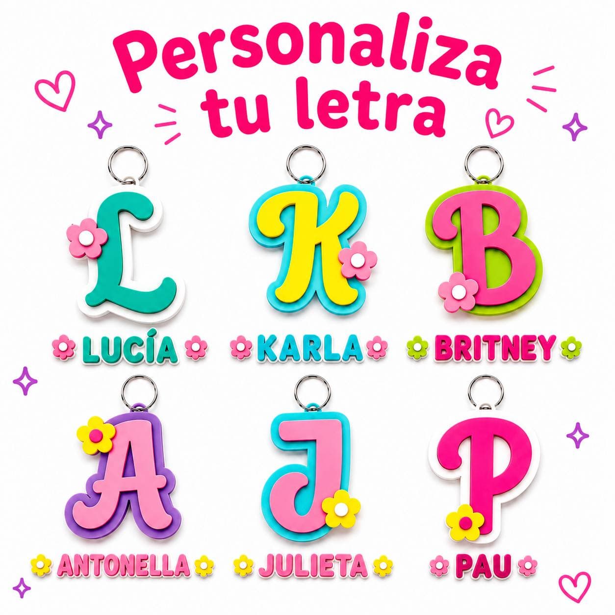 Colorful single-letter keychains personalized with names