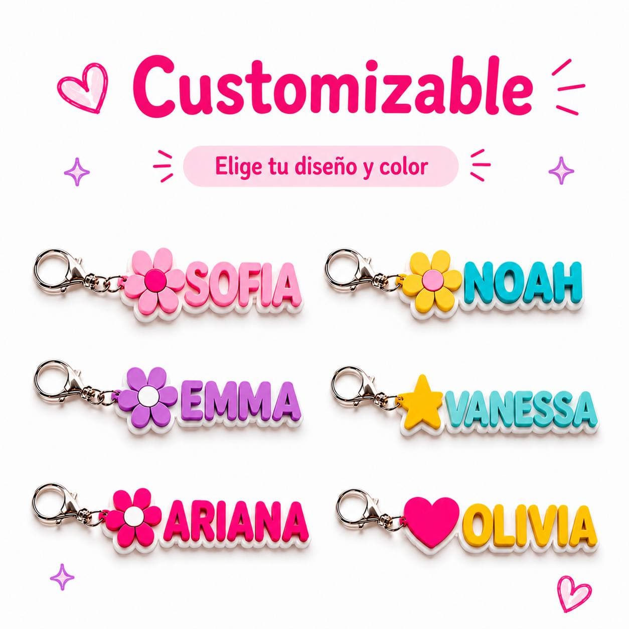 Personalized name keychains in different colors and designs